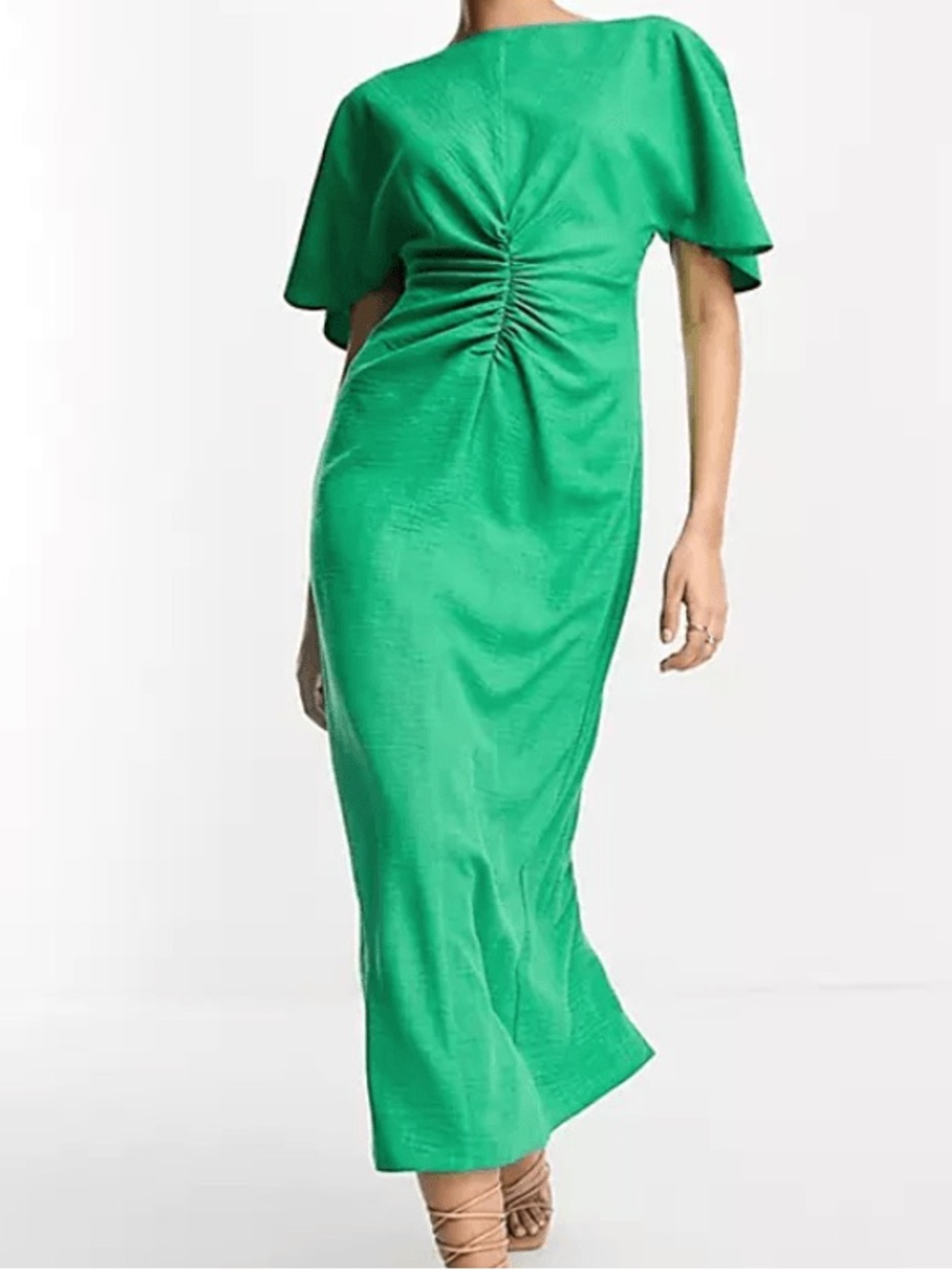 ASOS design linen look flutter sleeve with ruching detail in green